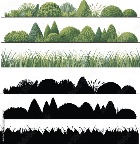 Landscape garden border set with green bushes, shrubs and grass strips plus black silhouette dividers, vector nature elements for design isolated on white.
