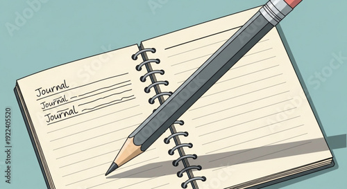 Spiral bound journal with pencil on top blank lined pages for writing creative expression and note taking