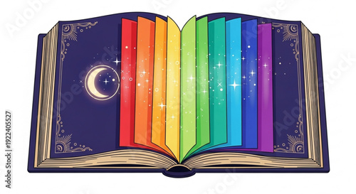 Open book with rainbow colored pages and crescent moon on left page ornate golden cover details on dark blue background