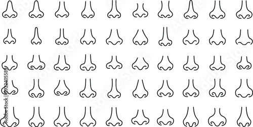 Minimal nose icon set with fifty human nose variations, simple black line facial feature collection for character design, anatomy reference, isolated on white.