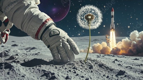 Cosmic poetic surrealism: astronaut in detailed white spacesuit kneeling on lunar regolith