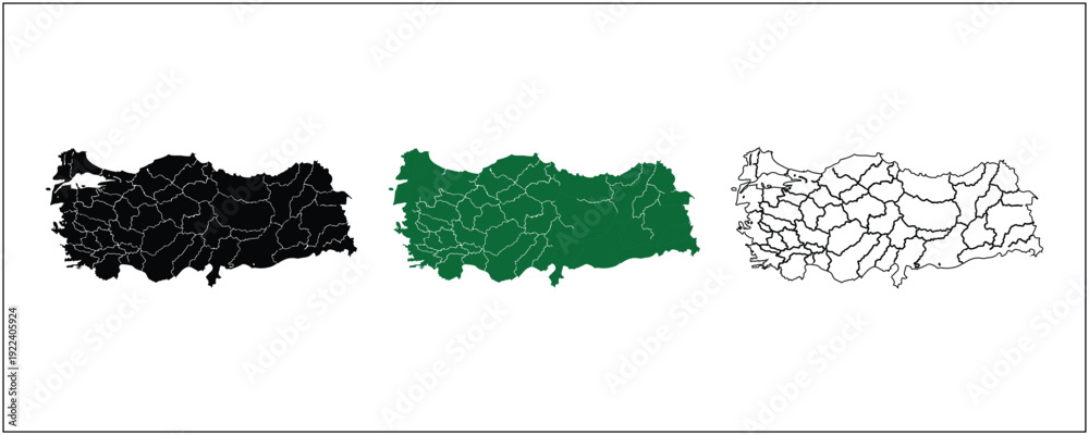 Naklejka premium Turkey Map Silhouette Solid Black Outline and Satellite Style Vector Isolated on White Background