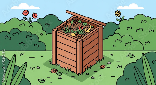 Composting bin in a lush green garden with flowers and bushes under a sunny blue sky