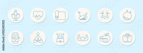 Health fitness activity set icon. Minimal line badges, shield person, heart pulse, yoga mat, exercise bike, waist measure, ball, smartwatch, meditation pose, spa towel, flex arms heart