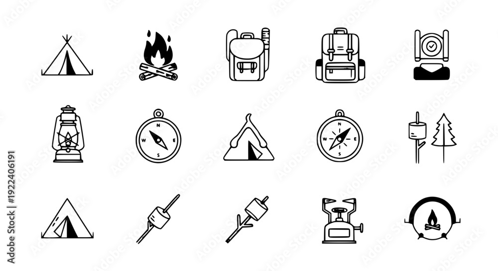 Fototapeta premium Outdoor Camping Icons Collection – High-Quality Editable Stroke Vector