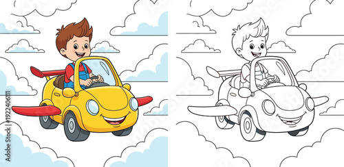 Cute cartoon boy driving a flying car in the clouds. Colorful illustration and black and white line art coloring book page for kids.