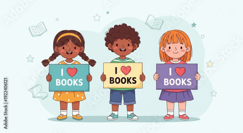 Diverse children holding signs that say 'i love books' with a light blue background and educational illustrations
