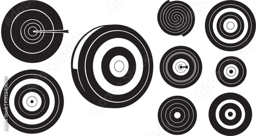 Black and white concentric circles graphic design elements set