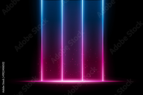 Two color vertical beams with particles composition. Four glowing columns, warm base line, scattered spark dots, smooth gradients, dark backdrop, neon luminous atmosphere.