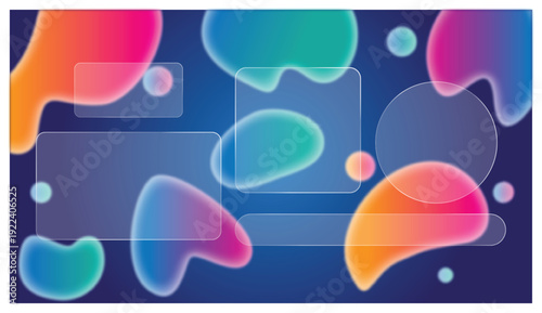 Glass morphism with fluid background. Vibrant gradient blobs and frosted glass elements.