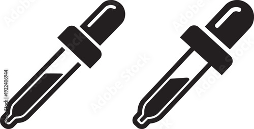 Simple icon set of droppers filled with liquid, representing science, medicine, and laboratory use.