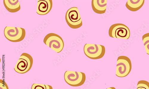 Swiss roll cake doodle seamless pattern. Bakery Roll Cake Seamless Pattern for fabric design, wrapping paper, Food Packaging and dessert branding