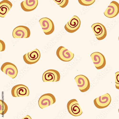 Swiss roll cake doodle seamless pattern. Bakery Roll Cake Seamless Pattern for fabric design, wrapping paper, Food Packaging and dessert branding