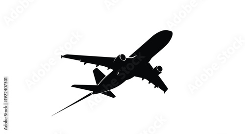 Striking black and white silhouette vector graphic capturing a massive commercial passenger airliner taking off into the open sky environment with power