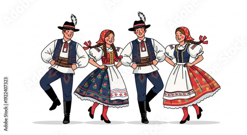 Traditional folk dancers in colorful costumes performing lively dance moves together