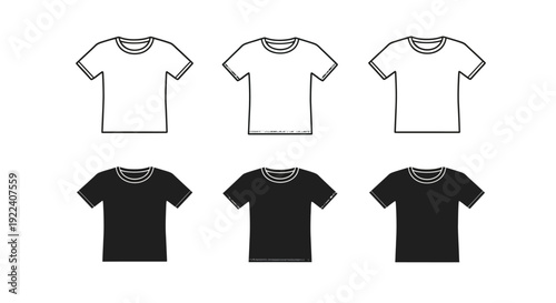 Collection of six basic crew neck t shirt icons showing both outline and solid fill designs in white and black color variations for mockup templates.