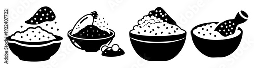 Black and white silhouette vector icons of bath salts and spa essentials in minimalist bowls and spoons for relaxation design