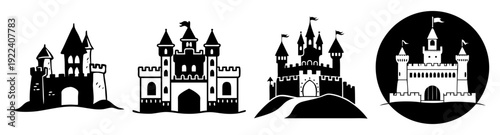 Castle silhouette vector icon set isolated black medieval fortress architecture fantasy icons pack design elements