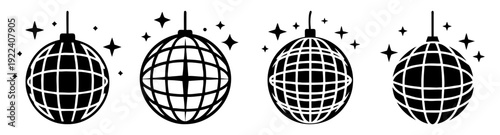 Set of four glossy disco balls vector icons with sparkling light reflections for party and nightlife designs