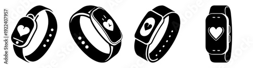 Silhouette vector icon pack of fitness trackers and smartwatches with heart love and activity symbols minimal design