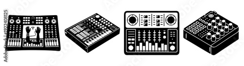 Silhouette vector icon pack of professional audio mixing consoles and sound equipment for music production and studio design