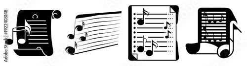 Music sheet and instruments silhouette vector icon pack set with notes, treble clef, guitar, piano, and violin for design and education