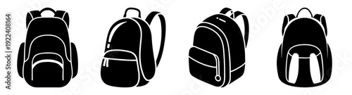 Set of flat vector backpack silhouettes icons for school travel business and education isolated on white background