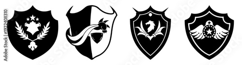 Silhouette vector icon pack of medieval heraldic shields with emblems for logo design, badge, and fantasy branding