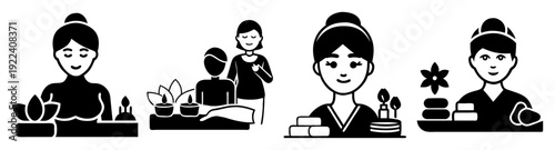 Silhouette vector icon pack of spa therapists performing massage and relaxation treatments in minimalist flat design