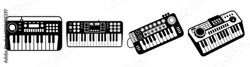 Silhouette vector icon pack of modern synthesizers and keyboards for music production and tech design