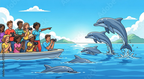 Dolphins jumping out of ocean water as diverse group of people on boat watch and photograph marine life on sunny day with mountains