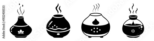 Silhouette vector icon pack of aromatherapy diffusers with steam and essential oils for wellness and relaxation design