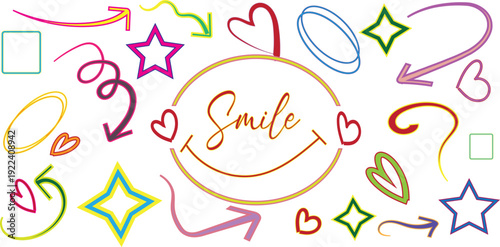 Colorful smile graphic with hearts stars and arrows
