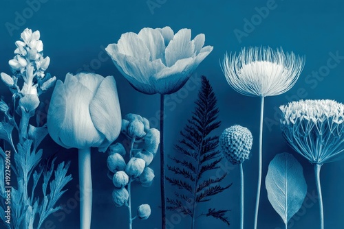 A blue background with white flowers and leaves