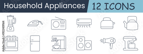 Household appliances set icon. Blender, iron, radio, air conditioner, pot, kettle, stove, refrigerator, coffee machine, speakers, hair dryer, mixer, kitchen equipment.