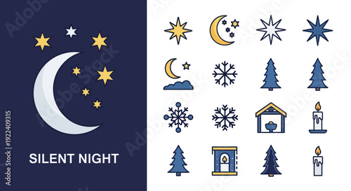 Christmas Icons: Crescent Moon, Stars, Snowflakes, Trees, Nativity Stable, Candle
