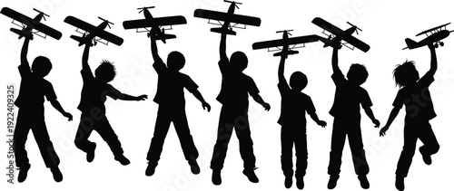 Silhouette of children jumping with toy airplanes, playful kids holding model aircraft, aviation dream concept, isolated black figures on white background