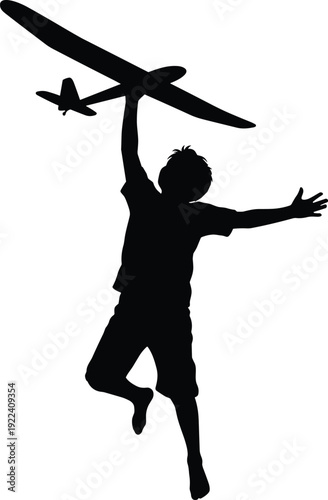 Silhouette of boy jumping with toy airplane, playful child holding model aircraft, childhood dream and aviation concept isolated on white background