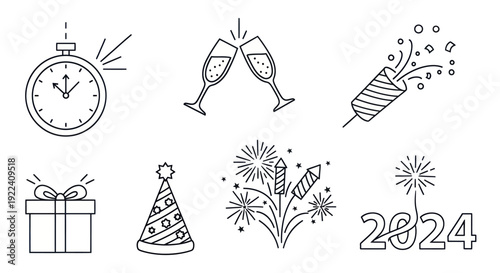 New Year Celebration Icons: Clock, Champagne, Gifts, Fireworks, Party Hat, Year 2024