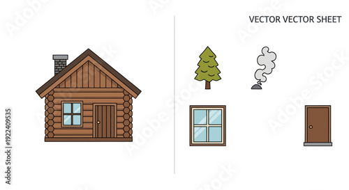 Cozy Log Cabin House with Elements: Tree, Window, Door, Smoke - Vector Illustration