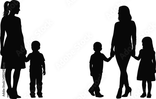 Black silhouette collection of mothers with children featuring a pregnant woman, walking with kids, holding hands, and caring for a newborn baby