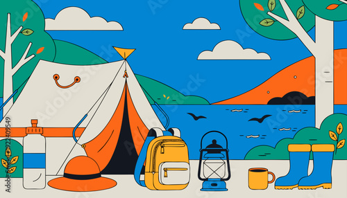 Very beautiful sunny day camping illustration created in clean flat style, featuring colorful tent, bright sky, green trees, and cheerful outdoor atmosphere perfect for travel designs.