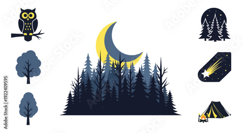 Whimsical Night Scene: Owl, Moon, Forest, Trees, Tent, Shooting Star Icons