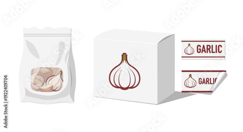 Garlic Packaging Design: Bag, Box, and Labels with Garlic Illustration