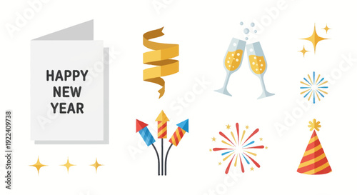 Happy New Year Celebration Icons: Fireworks, Champagne, Party Hat & Greeting Card