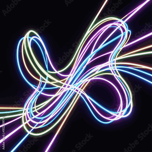 Create a realistic Dynamic lights shapes background. Bright luminous glowing lines. 3d rendering Vector art 