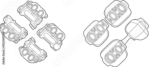 Top view binoculars line art set, optical device outline illustrations in different angles, black and white vector sketch for hunting, travel, and safari.