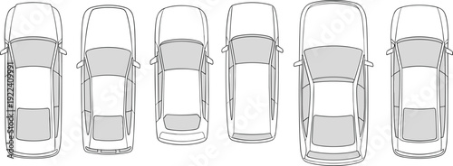 Top view car outline icon set with six vehicles, detailed automotive blueprint style drawings, black line art with gray windows isolated on white.