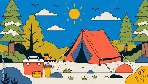 Very beautiful sunny day camping illustration created in clean flat style, featuring colorful tent, bright sky, green trees, and cheerful outdoor atmosphere perfect for travel designs.