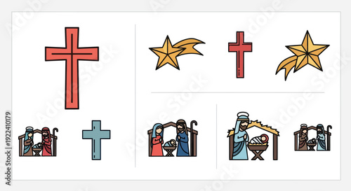 Christmas Nativity Scene Icons and Crosses - Christian Holiday Graphics